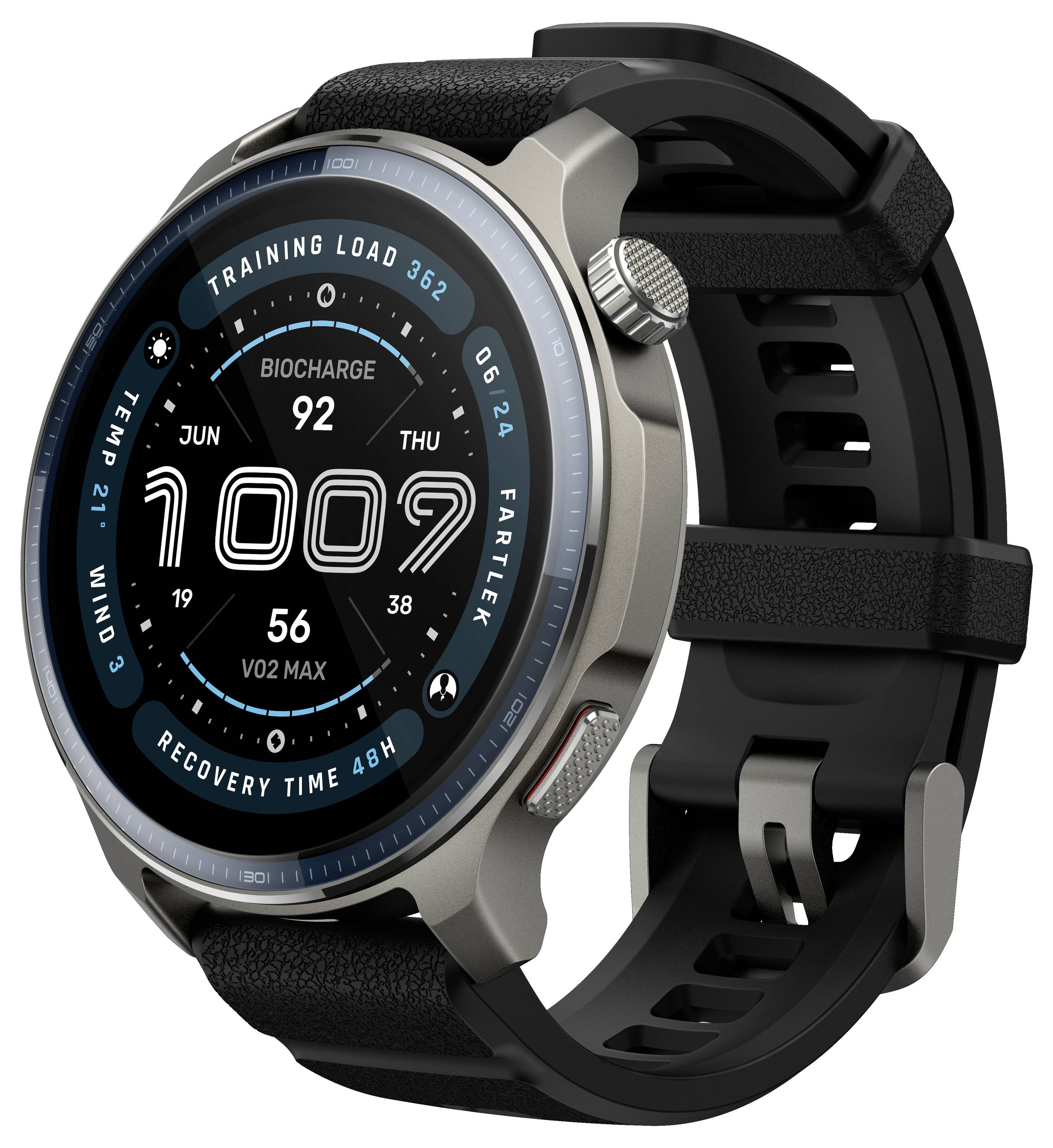 A smartwatch displaying fitness metrics such as training load, heart rate, VO2 max, and recovery time. It has a black strap and metallic frame.