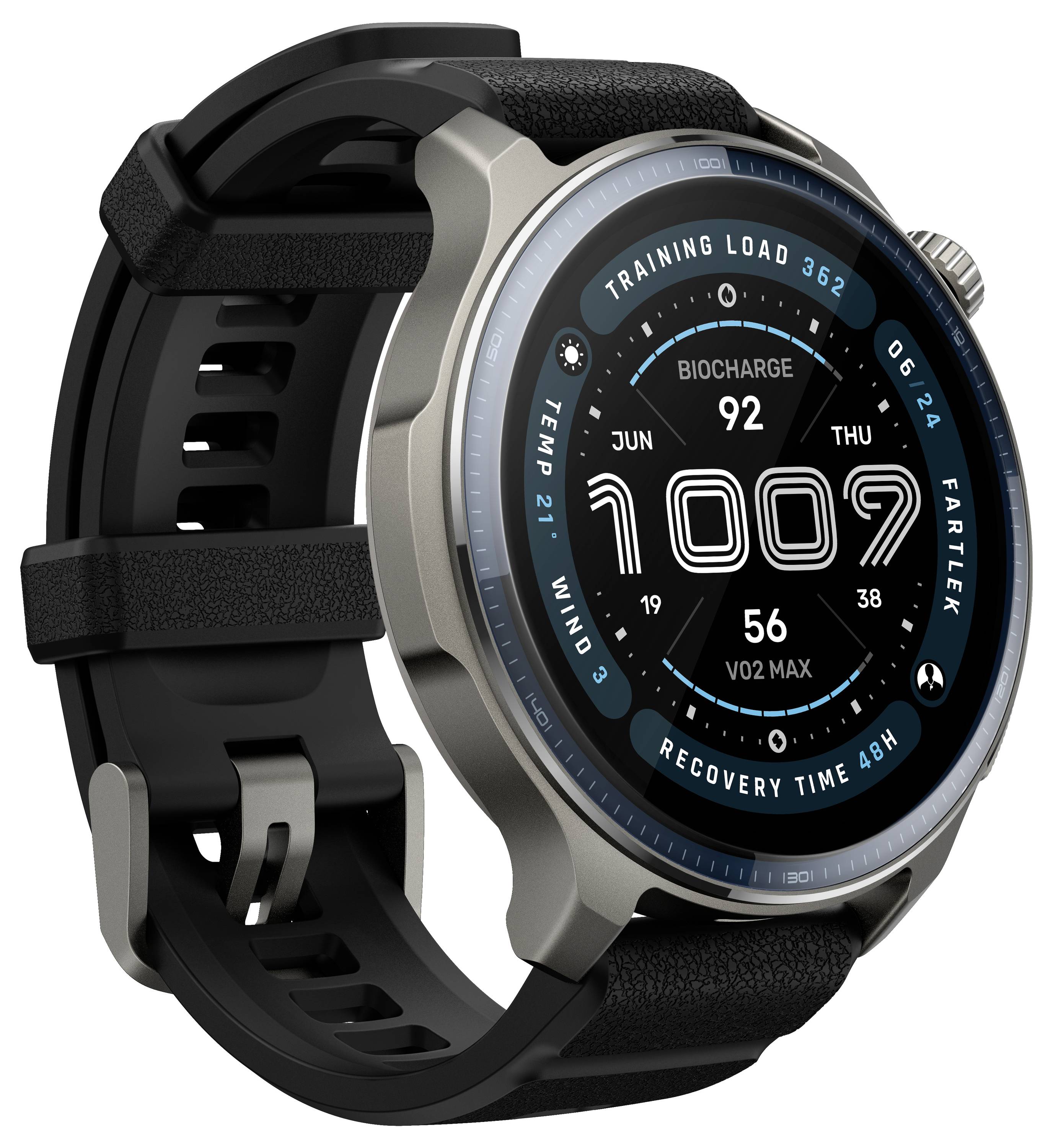 Smartwatch displaying time '10:09', date 'Thu, Jun 24', and health metrics like 'VO2 Max', 'Training Load 362', and 'Recovery Time 48h'.
