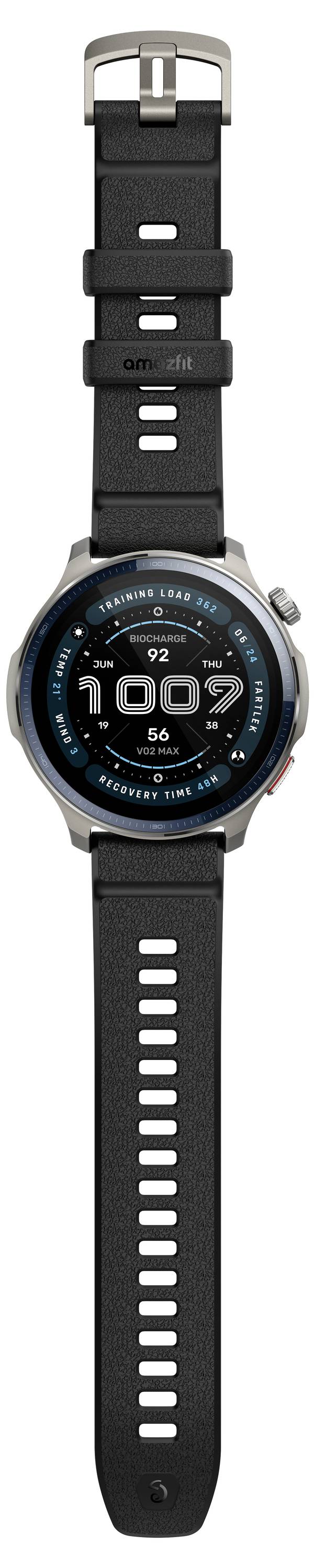 Smartwatch with black strap showing a digital display reading '100%'. The screen has fitness tracking icons and a contextual menu.