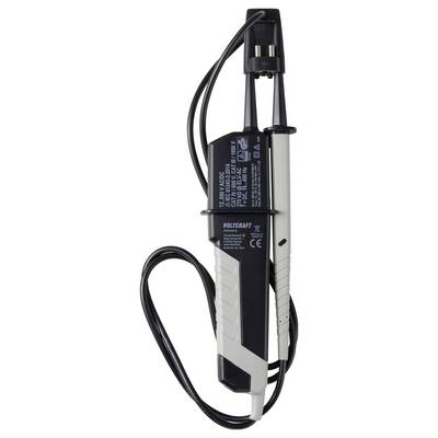 Handheld voltage tester probe with black and gray casing and attached cable, labeled Voltcraft, for measuring electrical voltage.