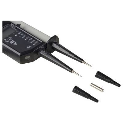 Electrical test probe with two pointed leads and interchangeable black probe caps on a white background.<br>