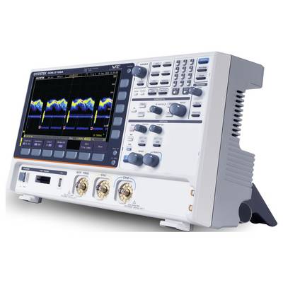 A digital oscilloscope displaying waveform patterns on screen, with various control knobs and buttons on the side for adjustments.