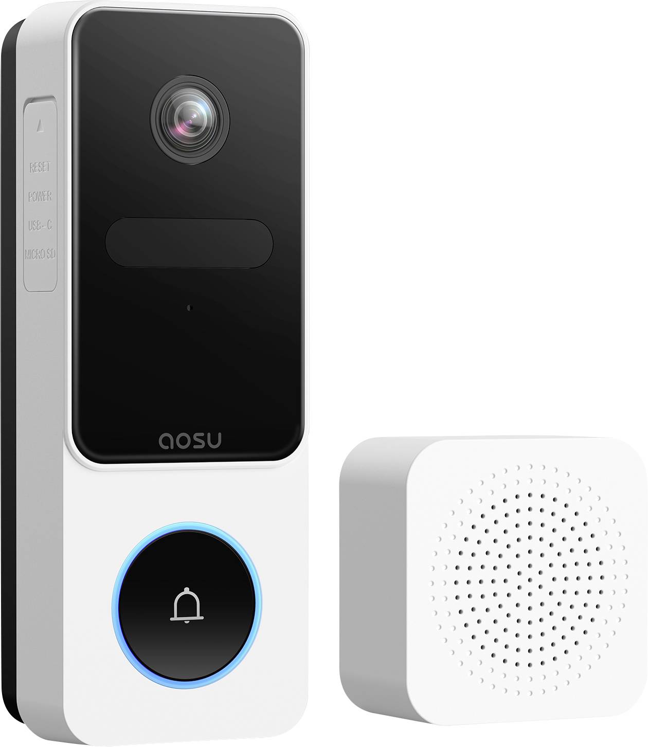'Aosu' smart video doorbell with a camera lens and blue-lit button, accompanied by a perforated white speaker unit.
