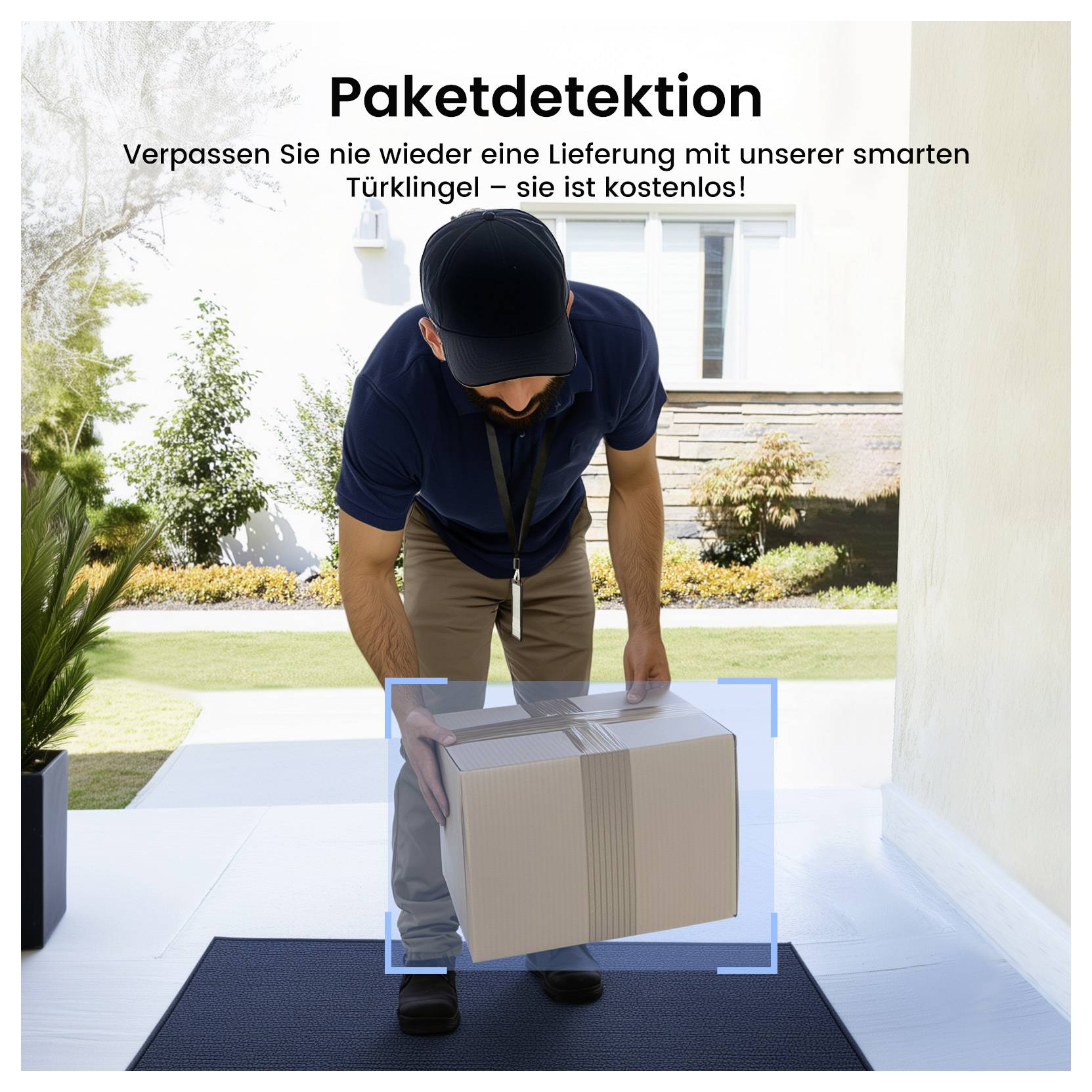 A man bends to pick up a package on a doorstep, illustrating a smart doorbell feature for package detection.