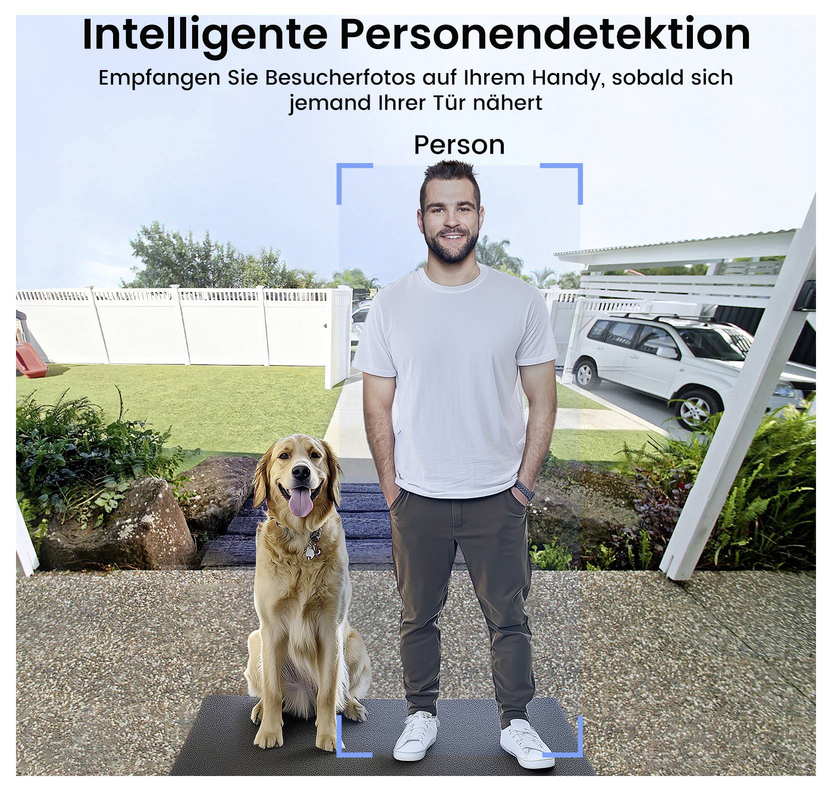 A man and a dog stand outside by a driveway, with text indicating 'Intelligente Personendetektion' about intelligent person detection.