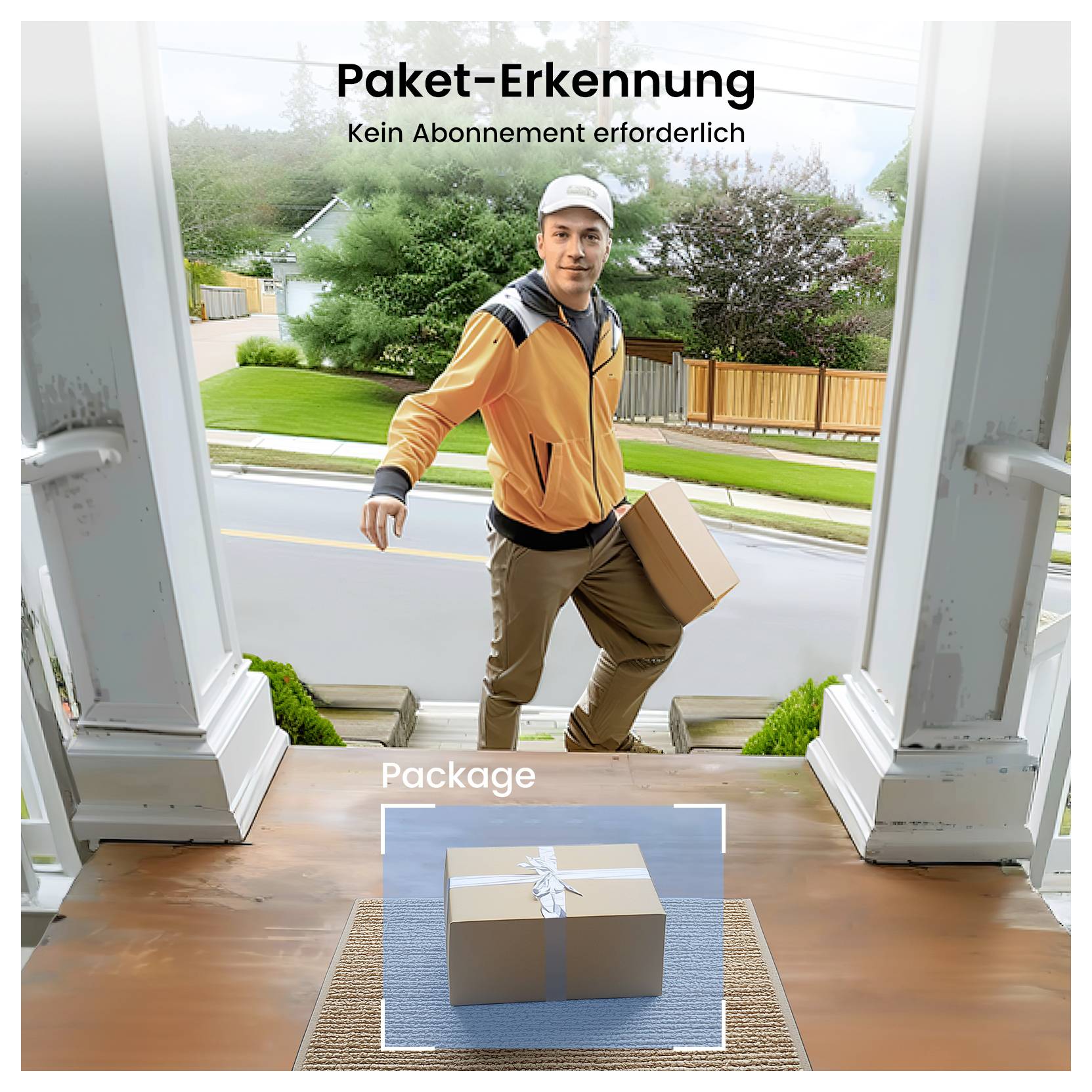 'Paket-Erkennung' text with a person delivering a package on a porch, emphasizing no subscription needed for package detection.