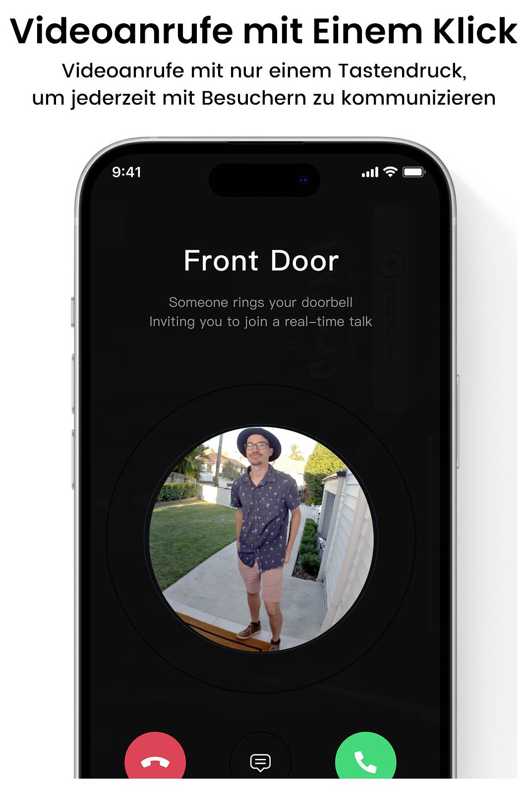 A smartphone displays a video call interface labeled 'Front Door,' showing a person standing outside by a door.