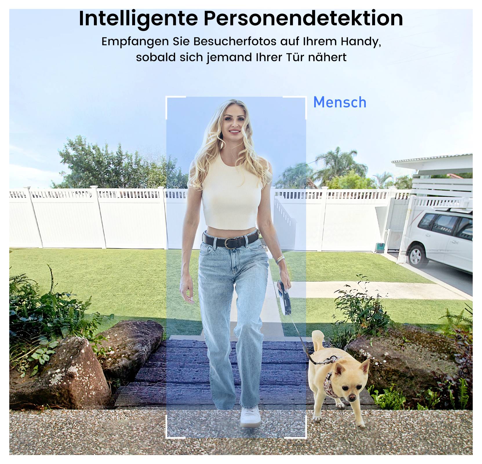 'A woman walking a small dog in a yard is captured by a smart home detection system, with the text: 'Intelligente Personendetektion'.'