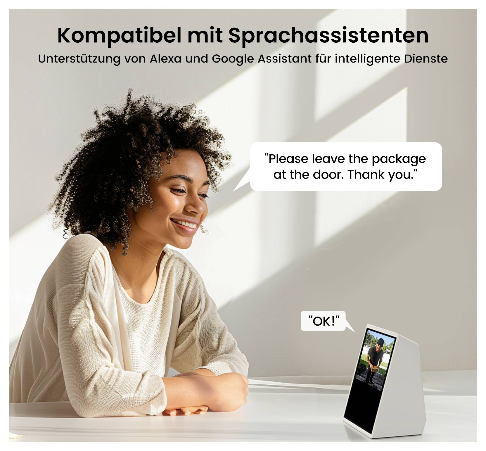 A person smiling at a smart speaker, which displays 'OK!' on its screen. Text above reads 'Kompatibel mit Sprachassistenten'.