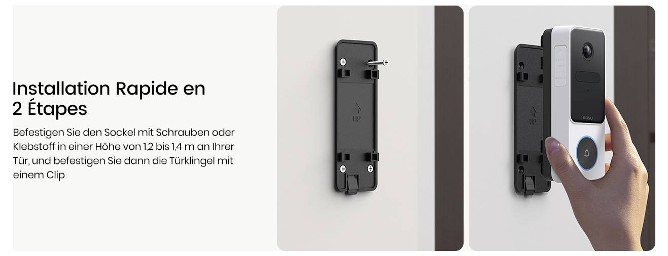 'Installation Rapide en 2 Étapes': Shows the steps to install a video doorbell on a wall bracket using screws or adhesive, then clipping the device in place.