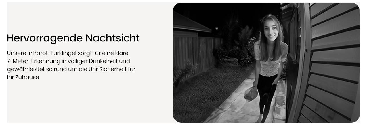 'A smiling person stands at a home's doorstep at night, viewed through a doorbell camera. Text highlights clear night vision capability.'