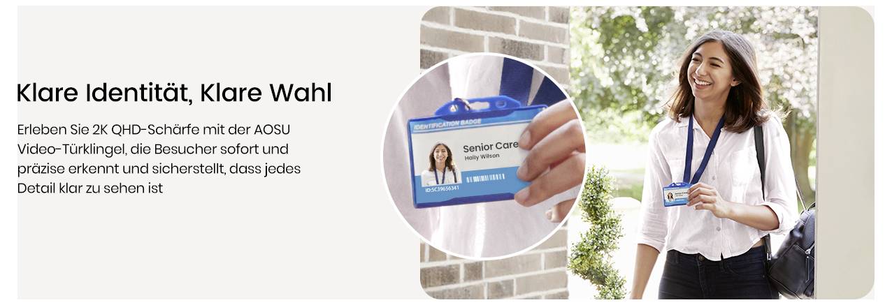 A smiling person with a name badge featuring 'Senior Care' and photo. Text: 'Klare Identität, Klare Wahl.' Discusses clarity in video-doorbell.