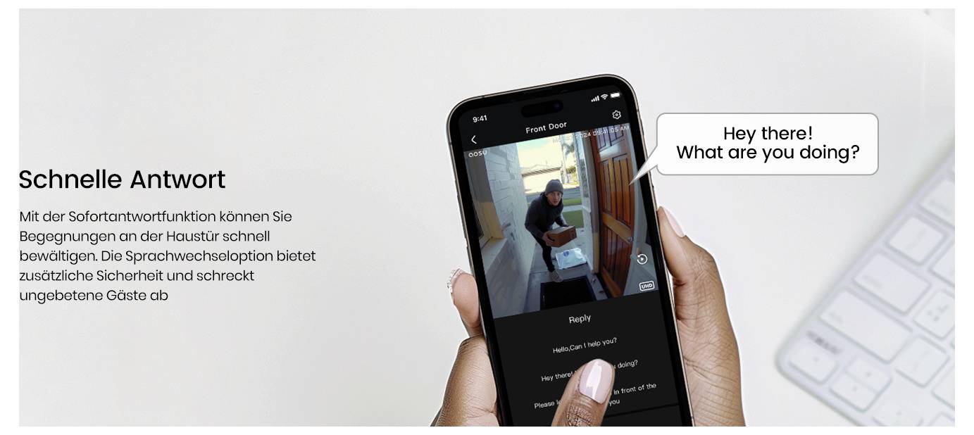 Person holding a smartphone displaying a video call on a doorbell app. Nearby text in German describes quick response features for security.