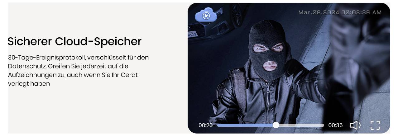 'A hooded figure holding a flashlight in a dark room, viewed on a digital screen. Text reads: Sicherer Cloud-Speicher, highlighting secure cloud storage with encrypted event logs and remote access capabilities.'