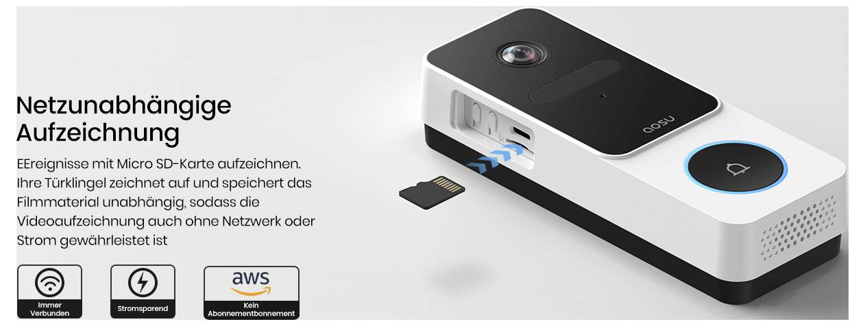A video doorbell with label 'Netzunabhängige Aufzeichnung,' a slot for a micro SD card, and features like wireless operation and AWS support.