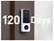'120 Days' displayed over a smart doorbell mounted on a wooden door frame, conveying long battery life.