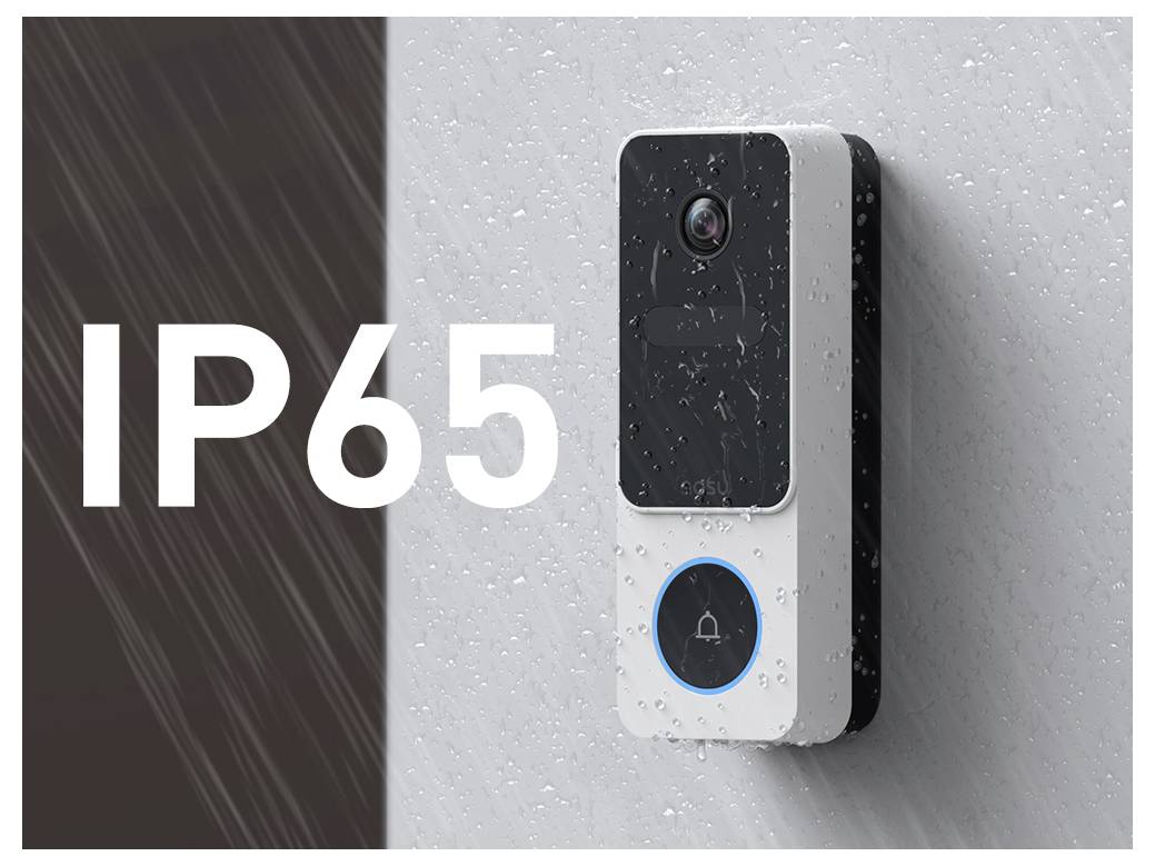 'Video doorbell with water droplets on surface, labeled IP65, indicating weather resistance.'