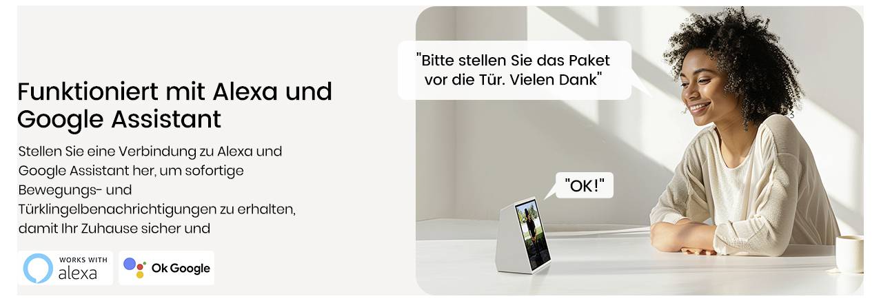 A woman interacts with a smart display, reading 'Bitte stellen Sie das Paket vor die Tür. Vielen Dank.' Text highlights Alexa and Google Assistant compatibility.
