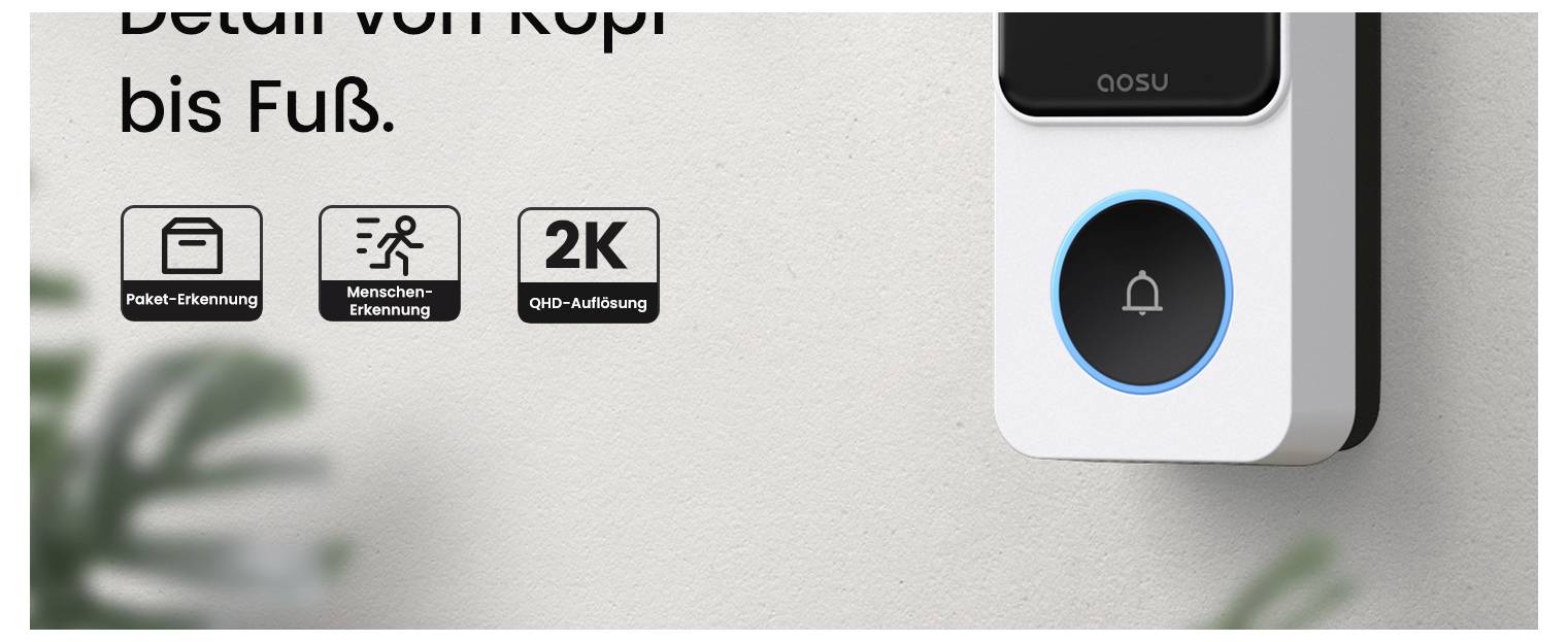 A doorbell camera mounted on a wall with a glowing circular button. Text reads '2K QHD-Auflösung'. Icons indicate person and parcel detection.