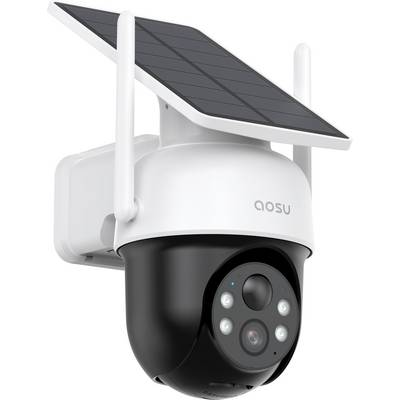 Outdoor security camera with a solar panel on top, featuring multiple lenses and infrared lights. Mounted design for surveillance use.