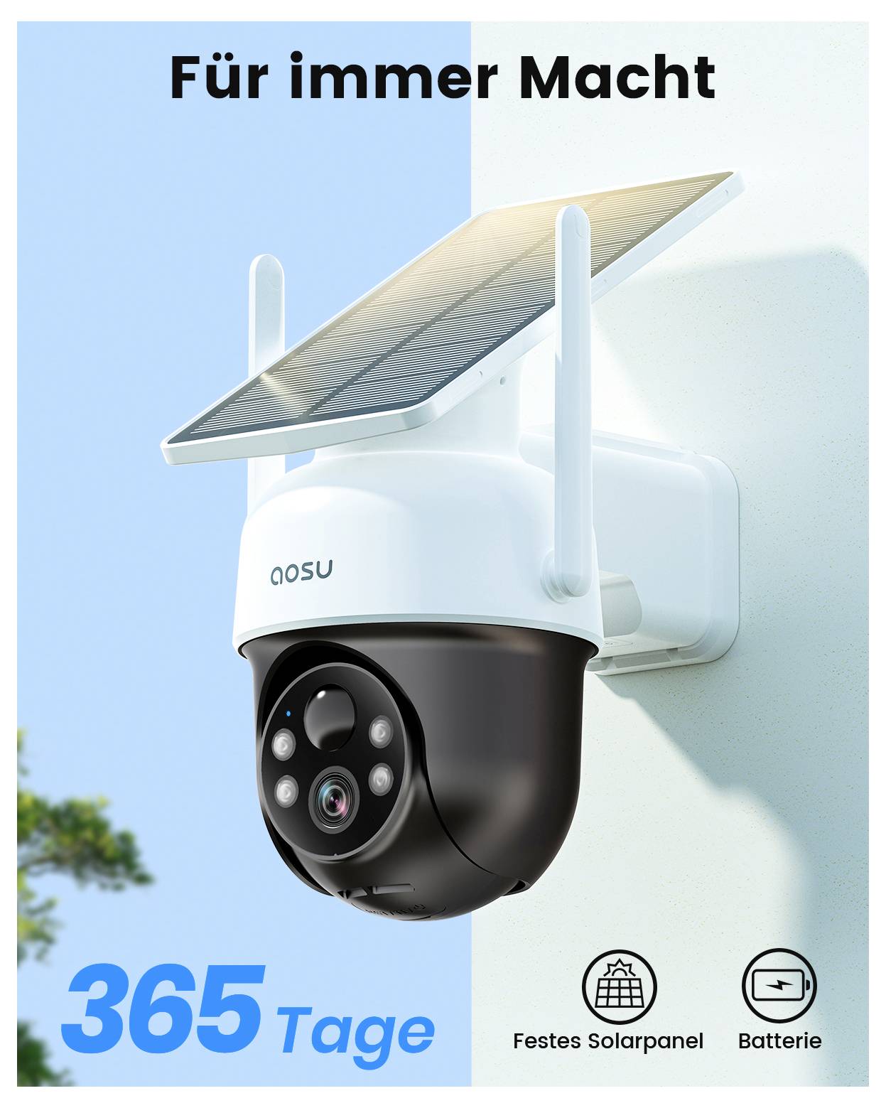 'AOSU' solar-powered security camera and battery on wall with text 'Für immer Macht' and '365 Tage'. Icons show solar panel and battery.