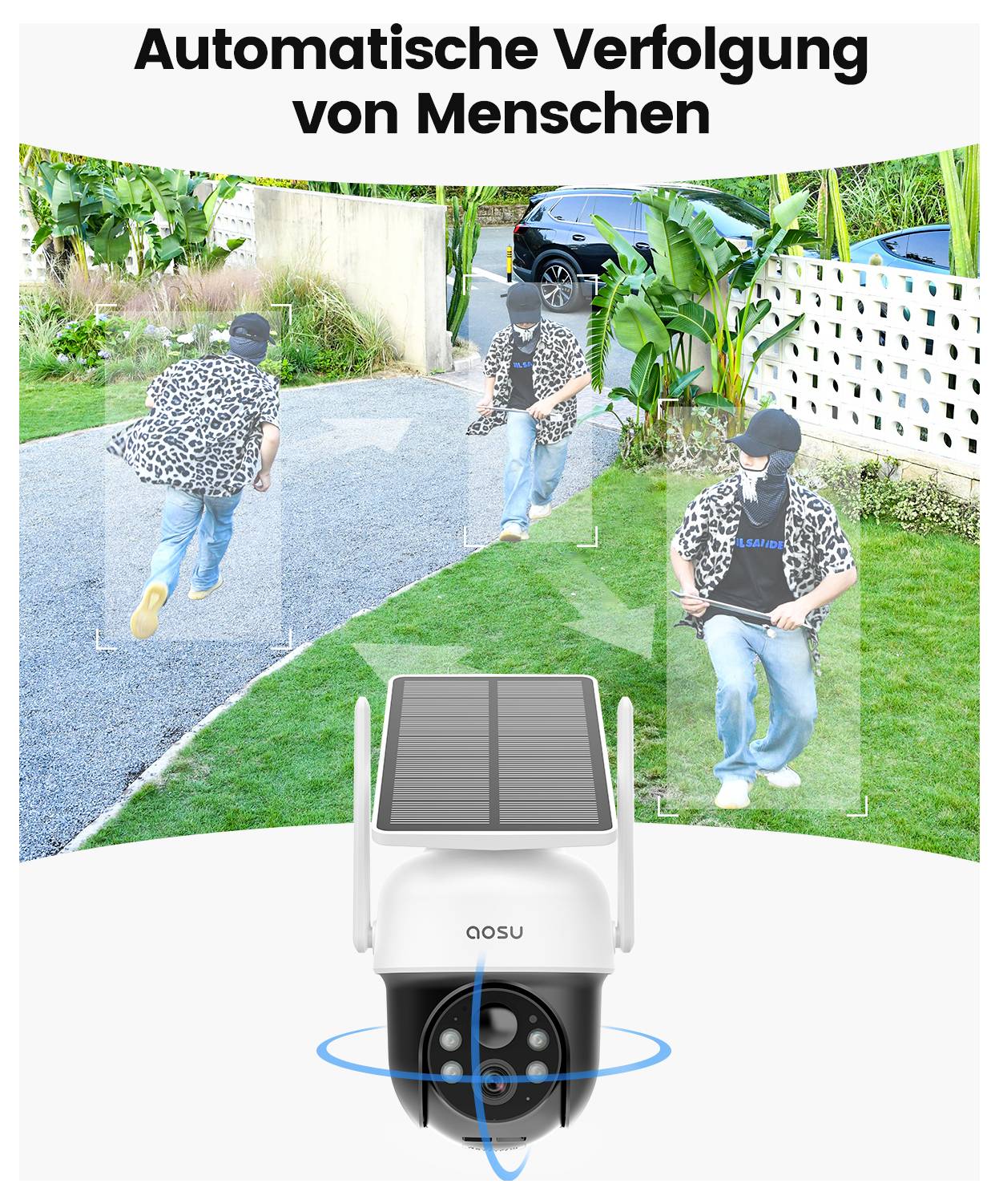 'Automatische Verfolgung von Menschen' text above an image showing a security camera tracking a person running in a garden.