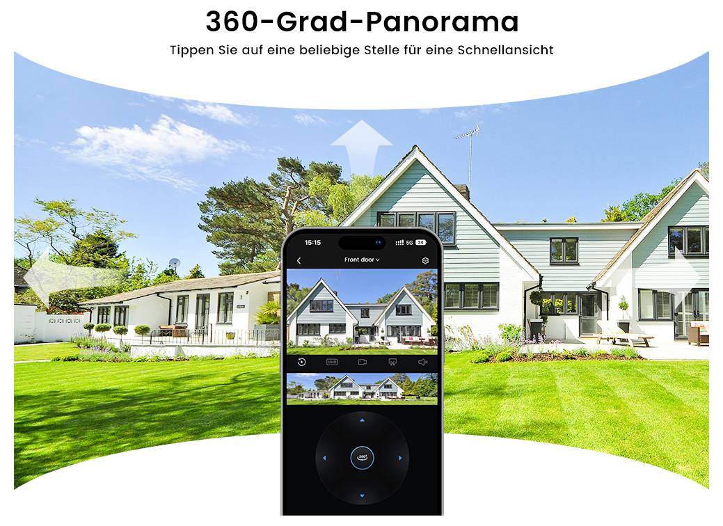 '360-Grad-Panorama' feature showing a curved display of a residential area with a phone interface for camera control and selection visible below.