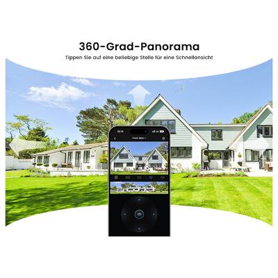 '360-Grad-Panorama' feature showing a curved display of a residential area with a phone interface for camera control and selection visible below.