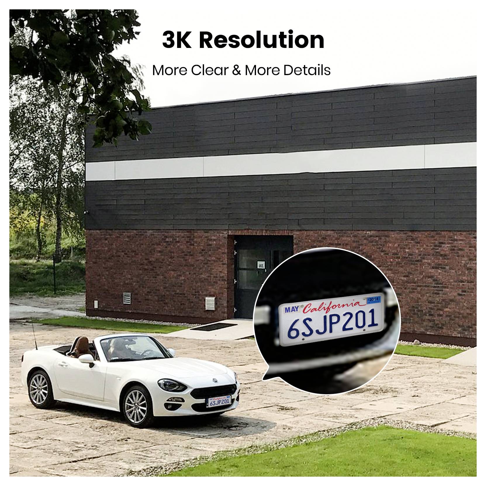 'A white convertible car parked on a driveway with an inset showing a close-up of its license plate, emphasizing 3K resolution detail.'
