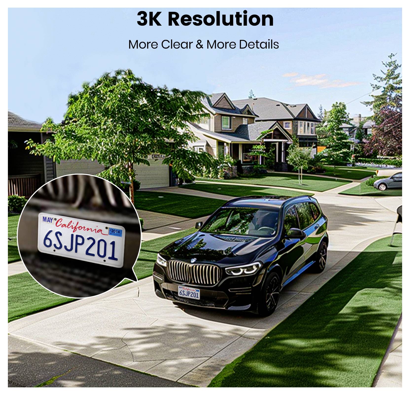 A black SUV parked on a residential driveway with green lawns and houses. Inset shows a zoomed-in license plate reading '6SJP201'.