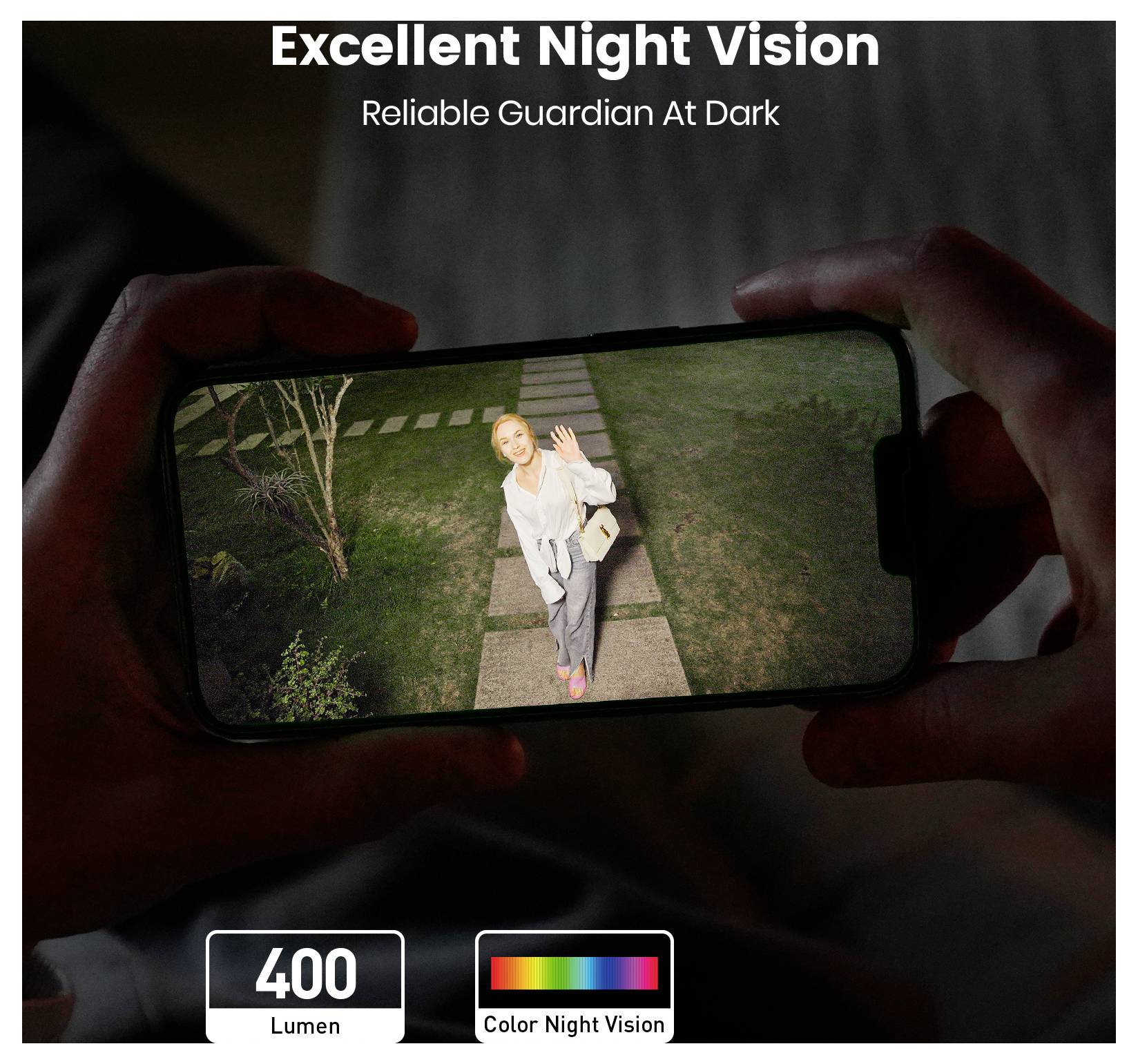 A person appears on a phone screen, viewed through a home security app at night. Text above says 'Excellent Night Vision - Reliable Guardian At Dark.' Icons below indicate 400 Lumen and Color Night Vision.