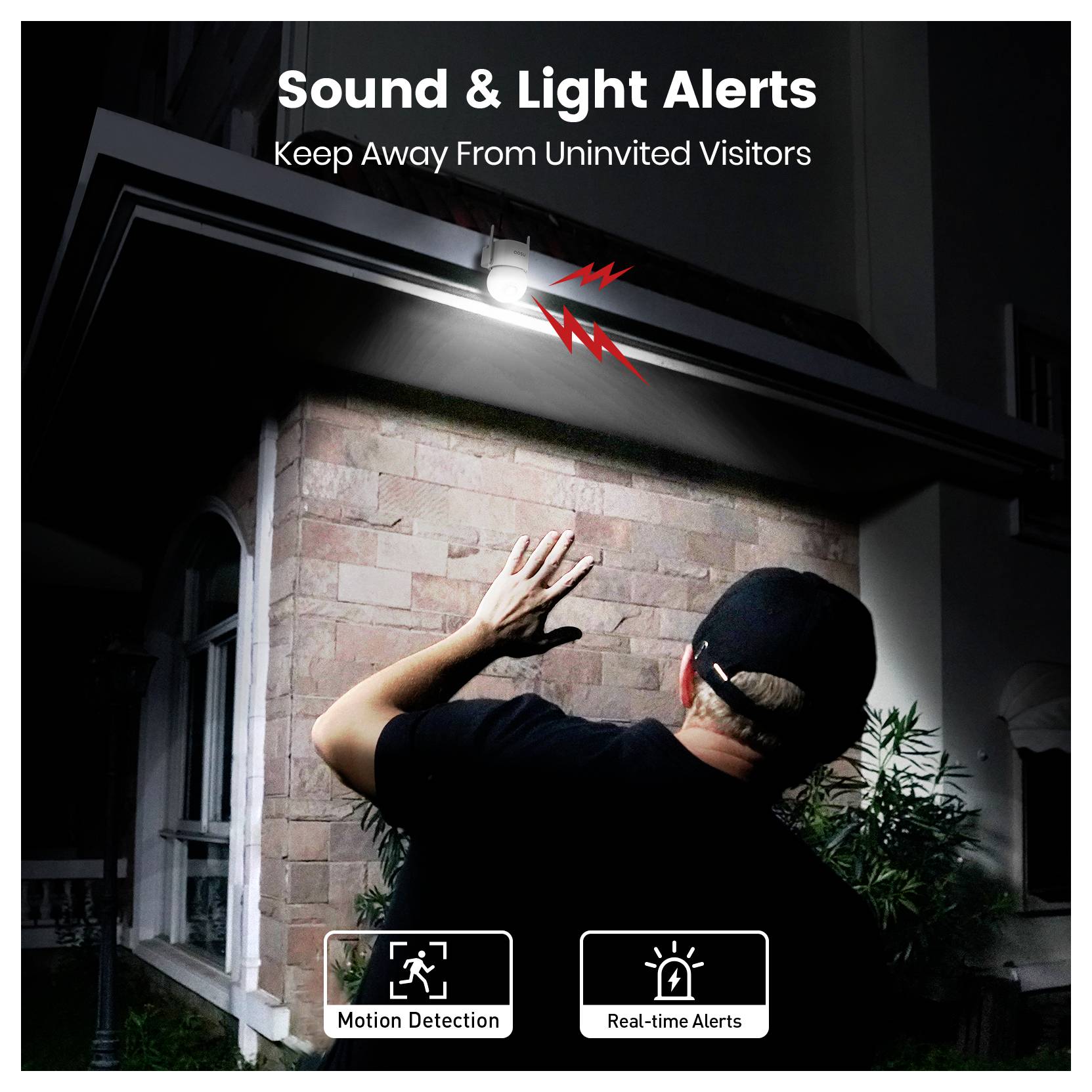 A person reaches towards a bright security light above a brick entrance, illustrating motion detection and real-time alerts at night.