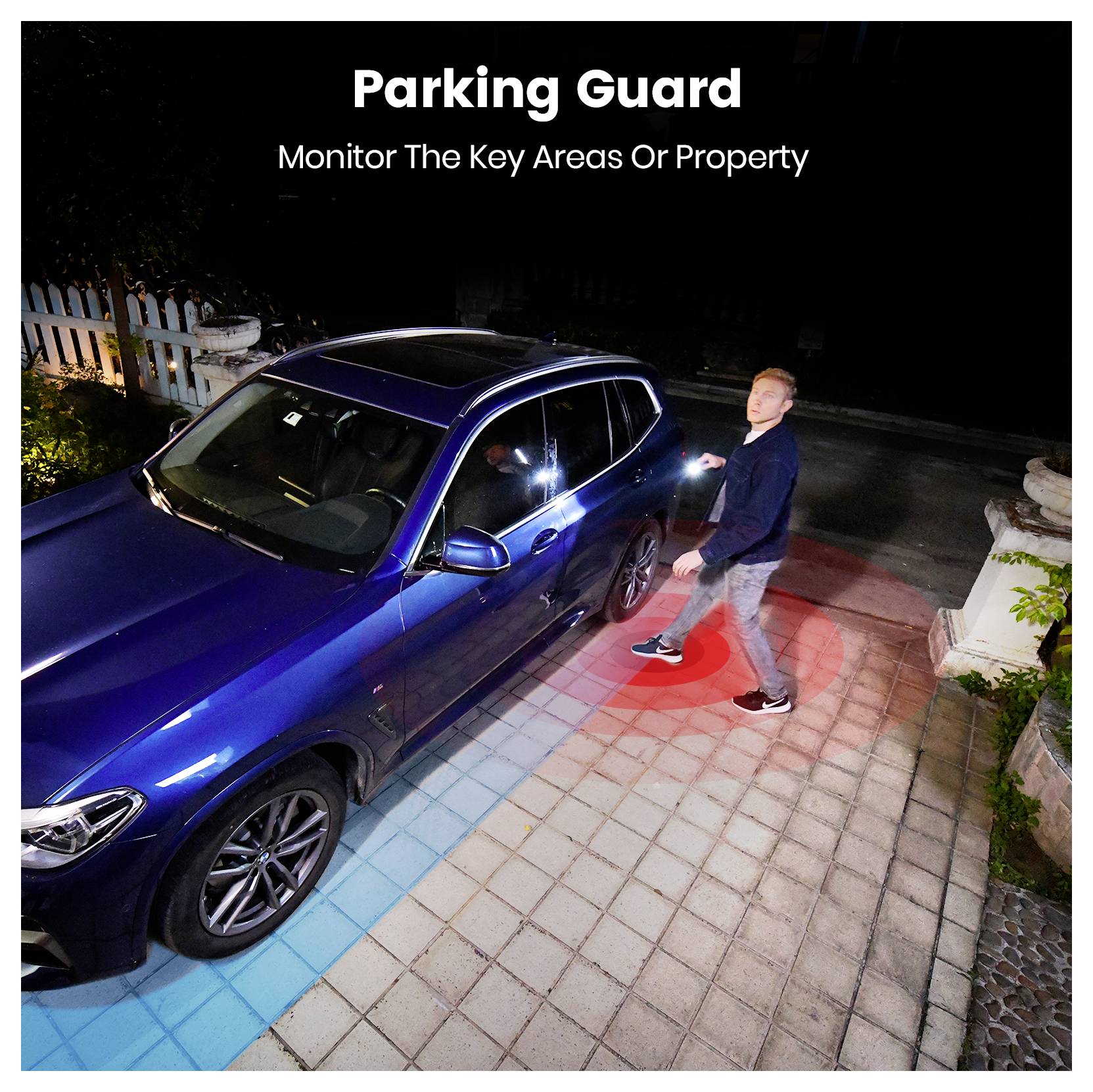 A man walks near a blue SUV at night, illustrating a parking surveillance system. Red and blue light zones highlight monitoring areas.