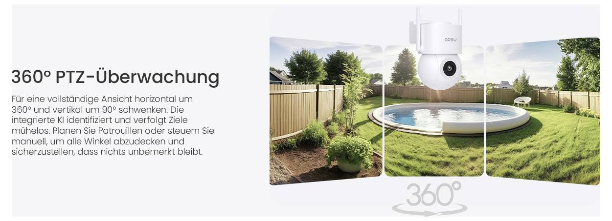 Outdoor security camera above a backyard with pool and fence, highlighting '360° PTZ-Überwachung' (360° PTZ surveillance) with text in German.