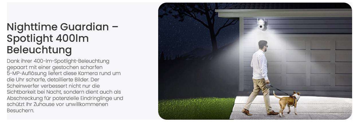 'Nighttime Guardian – Spotlight 400lm Beleuchtung.' A person walking a dog at night under the bright spotlight by a garage.