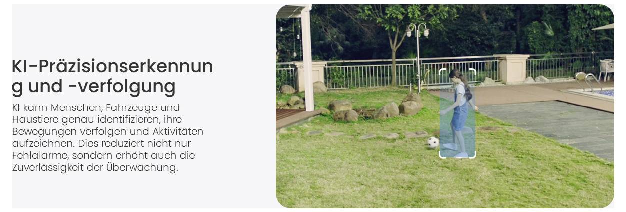 AI overlays human figure in a garden setting, demonstrating precision tracking technology. Text highlights benefits of accurate surveillance.