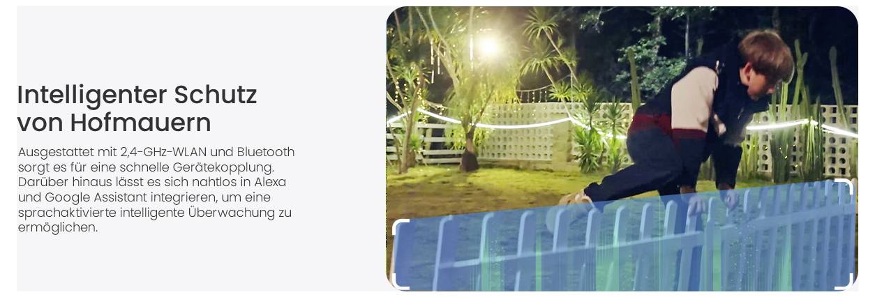 A person climbs over a glowing fence in a garden setting at night, illustrating a smart security system for garden walls.