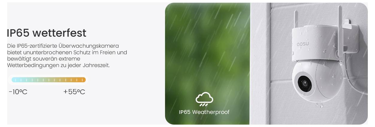 A surveillance camera labeled 'IP65 weatherproof,' designed for outdoor use, resistant to extreme temperatures (-10°C to +55°C).