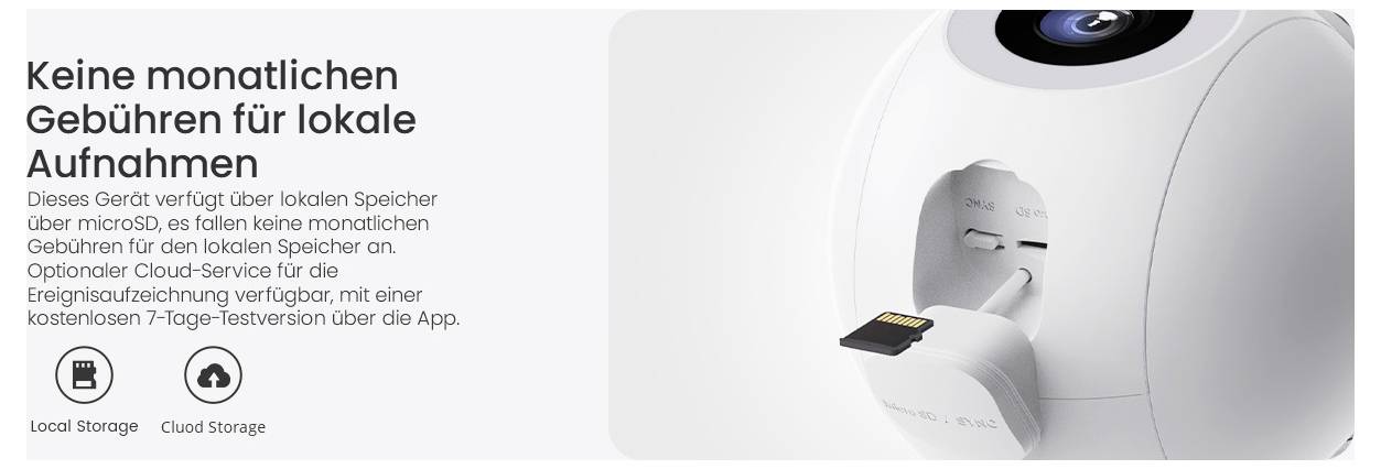 'Keine monatlichen Gebühren für lokale Aufnahmen' text next to a device accepting a microSD card, emphasizing no monthly fees for local storage. Buttons indicate 'Local Storage' and 'Cloud Storage'.