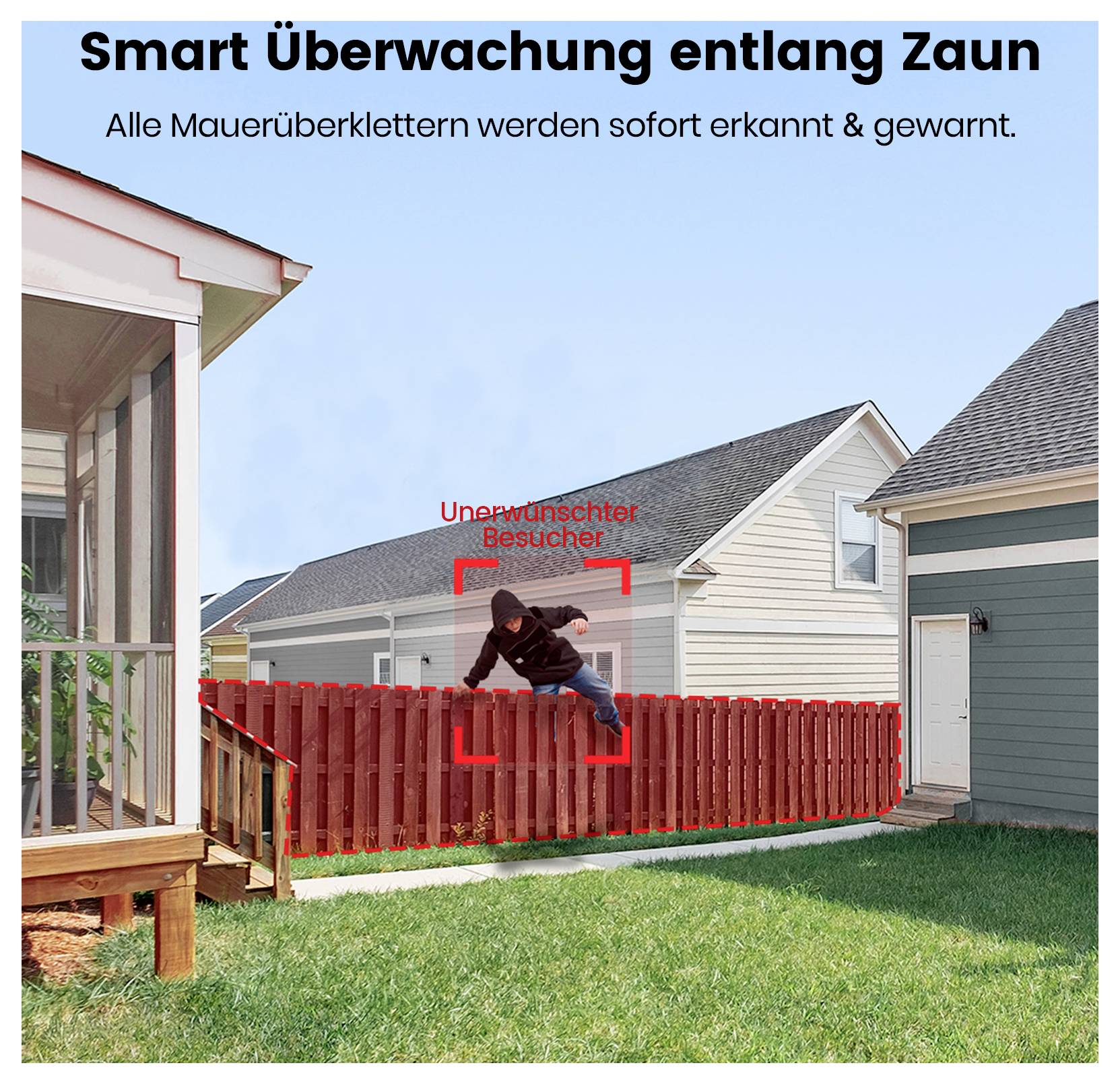 'Smart Überwachung entlang Zaun' text above image of a person climbing a fence, highlighted by a red square, between two houses.