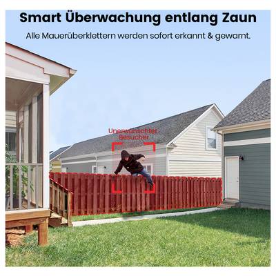 A motion detection system identifies an intruder climbing a backyard fence. Red border highlights the area, capturing the person in action.