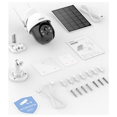 Surveillance camera kit with wall mount, solar panel, cables, screws, adhesive pads, and instruction manual. Includes '24/7 Monitoring' sticker.