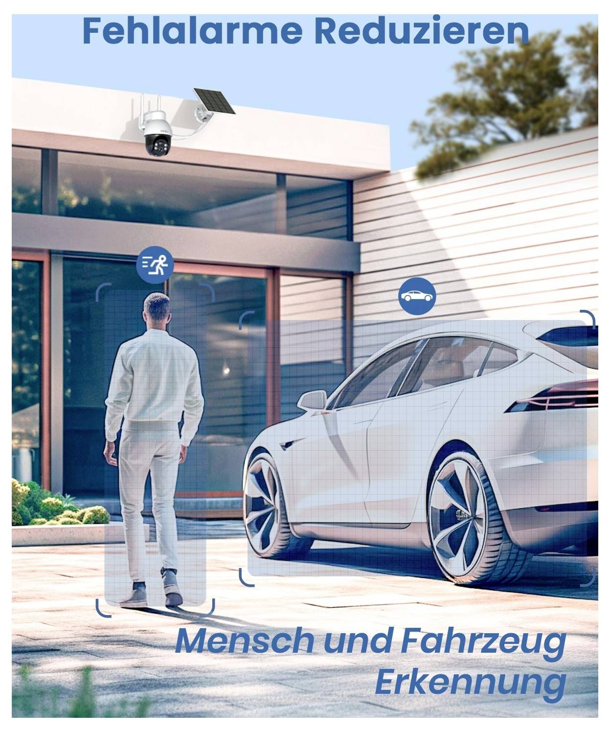 'Fehlalarme Reduzieren' poster shows a man walking towards a modern house with a camera. Text reads 'Mensch und Fahrzeug Erkennung.'