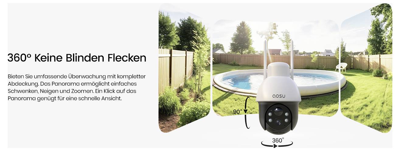 'Aussenkamera' with 360° rotation offers full coverage with panorama view. Features remote tilt, pan, zoom. Backyard with pool shown.