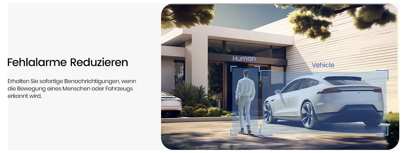 A person walks towards a white car parked outside a modern house, with labels 'Human' and 'Vehicle' highlighting a surveillance feature.