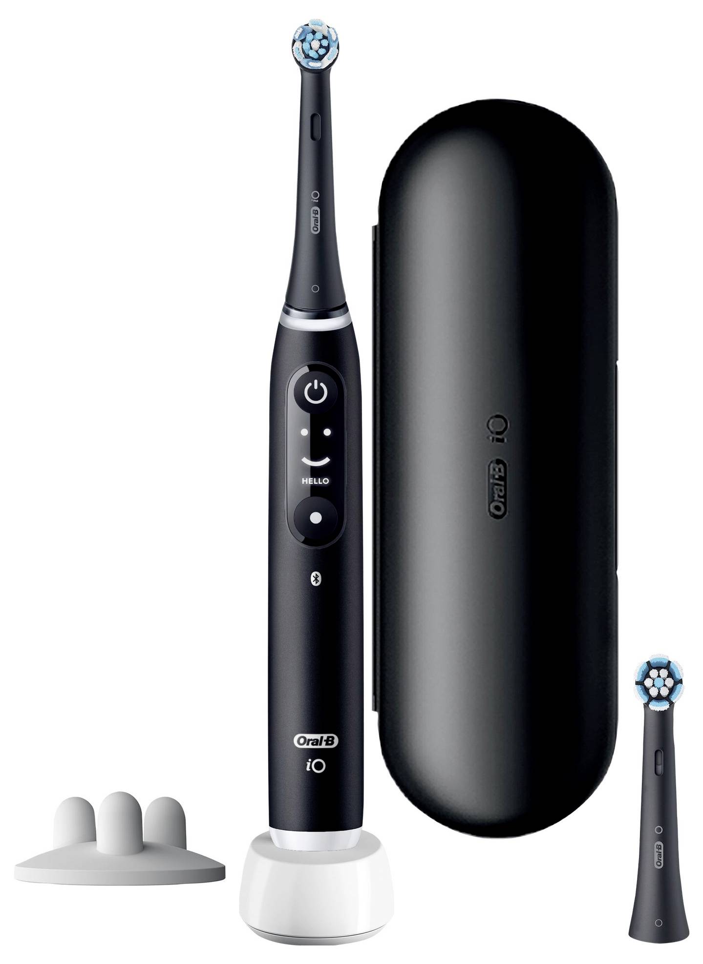 Electric toothbrush with black handle, circular brush head, charging base, and storage case.