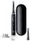 Electric toothbrush with black handle, circular brush head, charging base, and storage case.