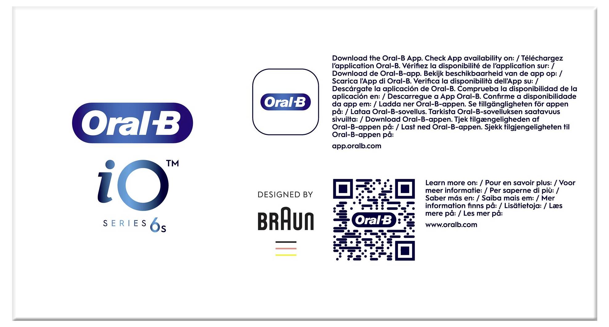 'Oral-B iO Series 6s' package with app download instructions in multiple languages. QR code and 'Designed by Braun' label included.