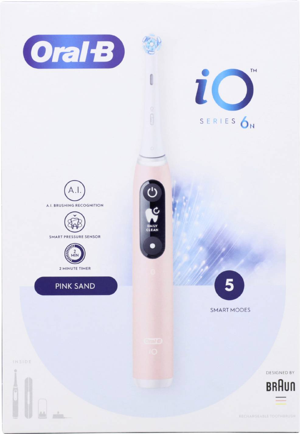 Oral-B iO Series 6N electric toothbrush in pink sand color, featuring 5 smart modes, AI brushing recognition, and a smart pressure sensor.