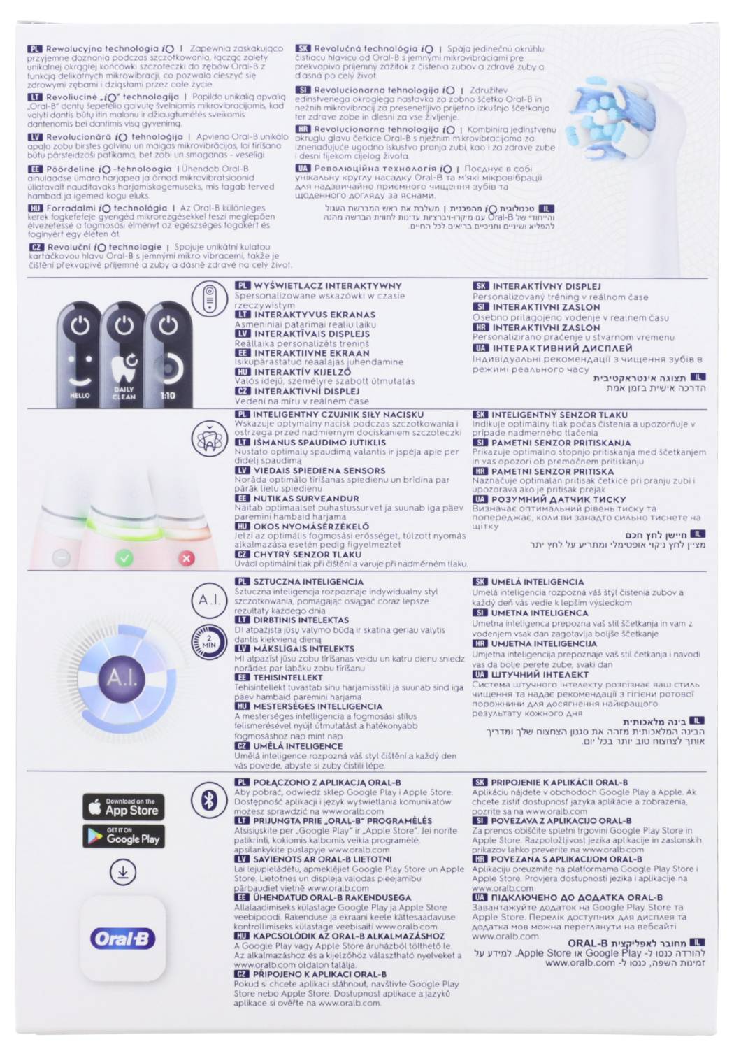 Back of Oral-B electric toothbrush box showcasing features: interactive display, pressure sensor, AI brushing recognition, and app compatibility. Includes branding and product information.